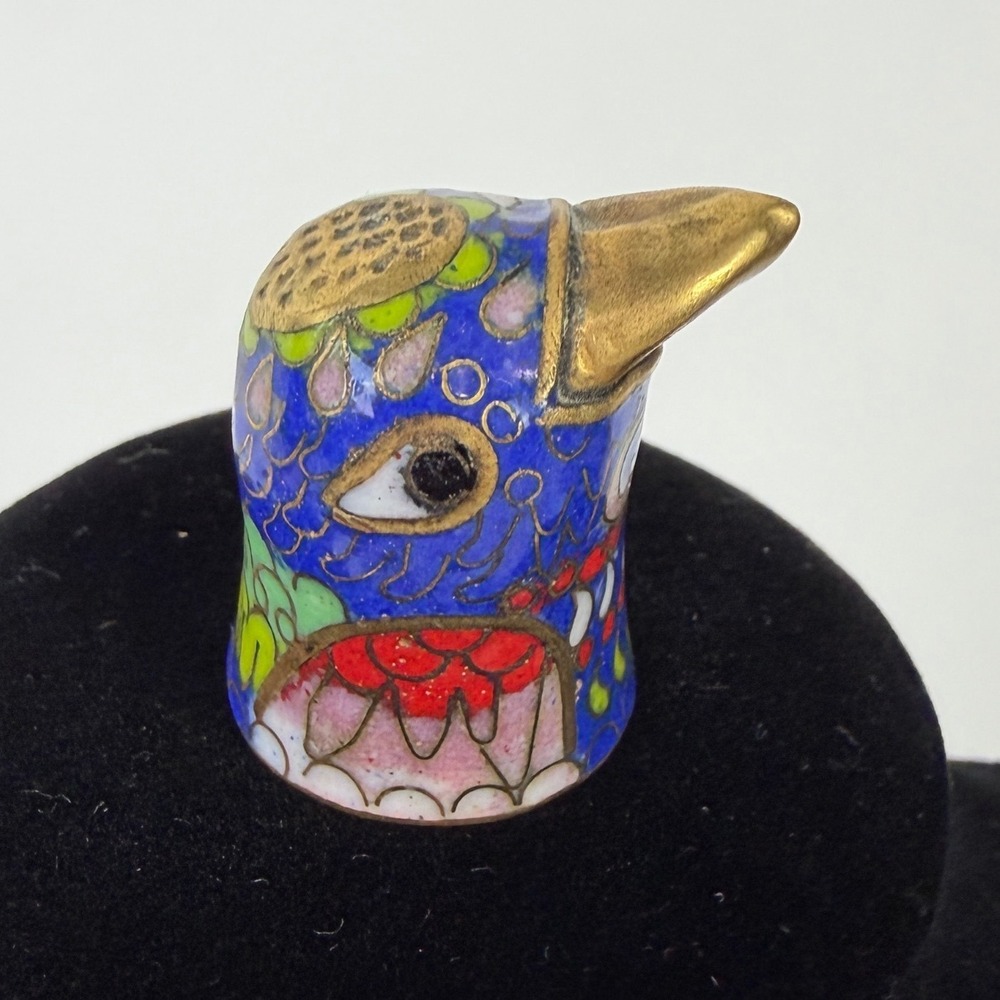 Vintage Chinese Cloisonne Enamel Bird Head Thimble Blue Gold Collectible